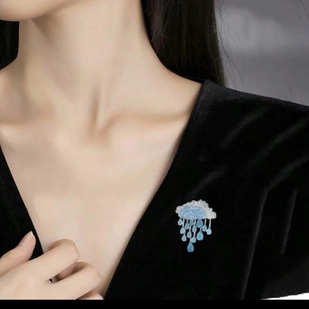 Elegant Blue and Silver Cloud Brooch, Rain Cloud Brooch